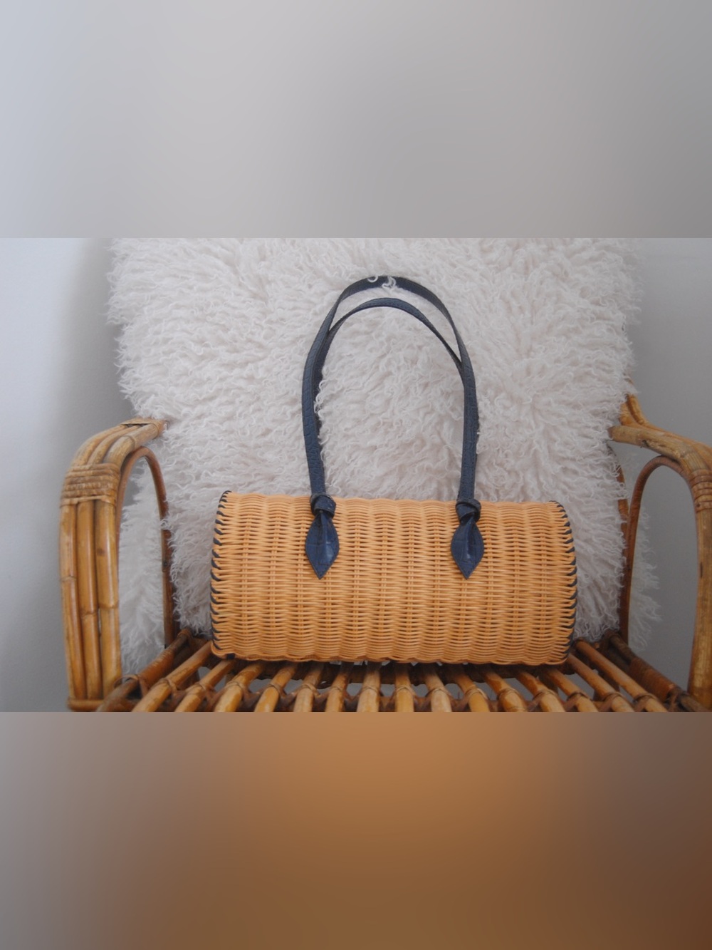Woven Straw Tote Bag with Navy Handles